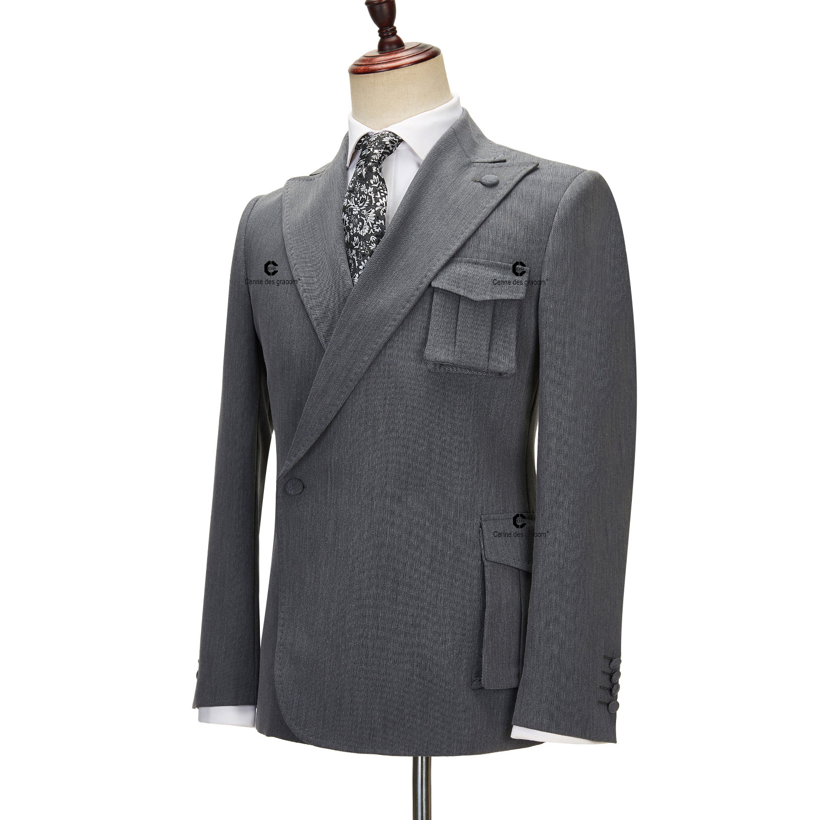 2025 CDG Charcoal Gray Double-Breasted Suit with Stylish Patch Pockets Men's Top Fashion Formal Suit Wear