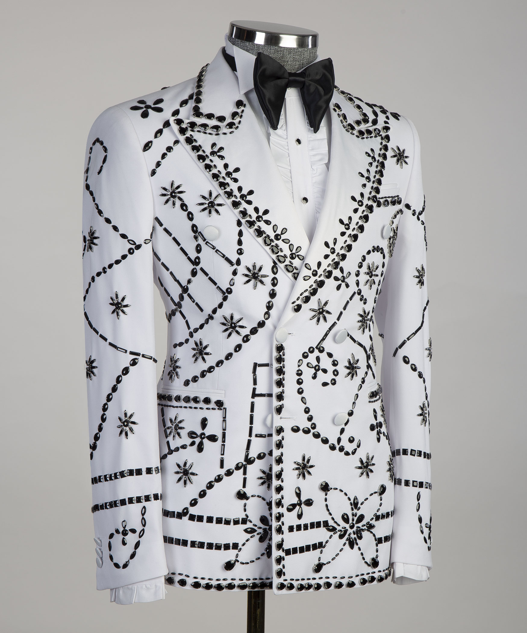 2 Pieces Vittorio Aurelius Midnight White Double-Breasted Black Studded Crystal Accents Tuxedo | Model: DATMAX 715 - AU