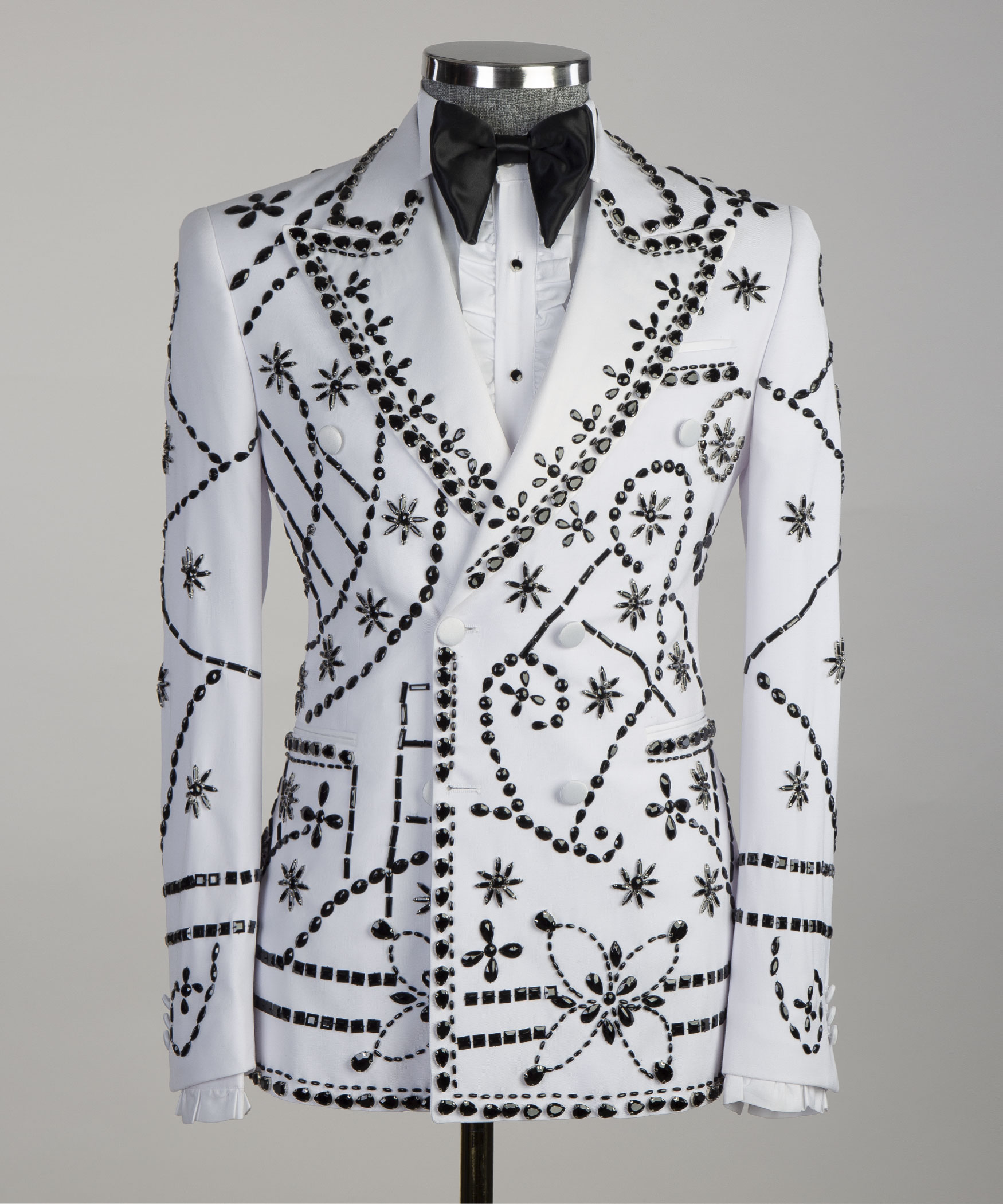 2 Pieces Vittorio Aurelius Midnight White Double-Breasted Black Studded Crystal Accents Tuxedo | Model: DATMAX 715 - AU