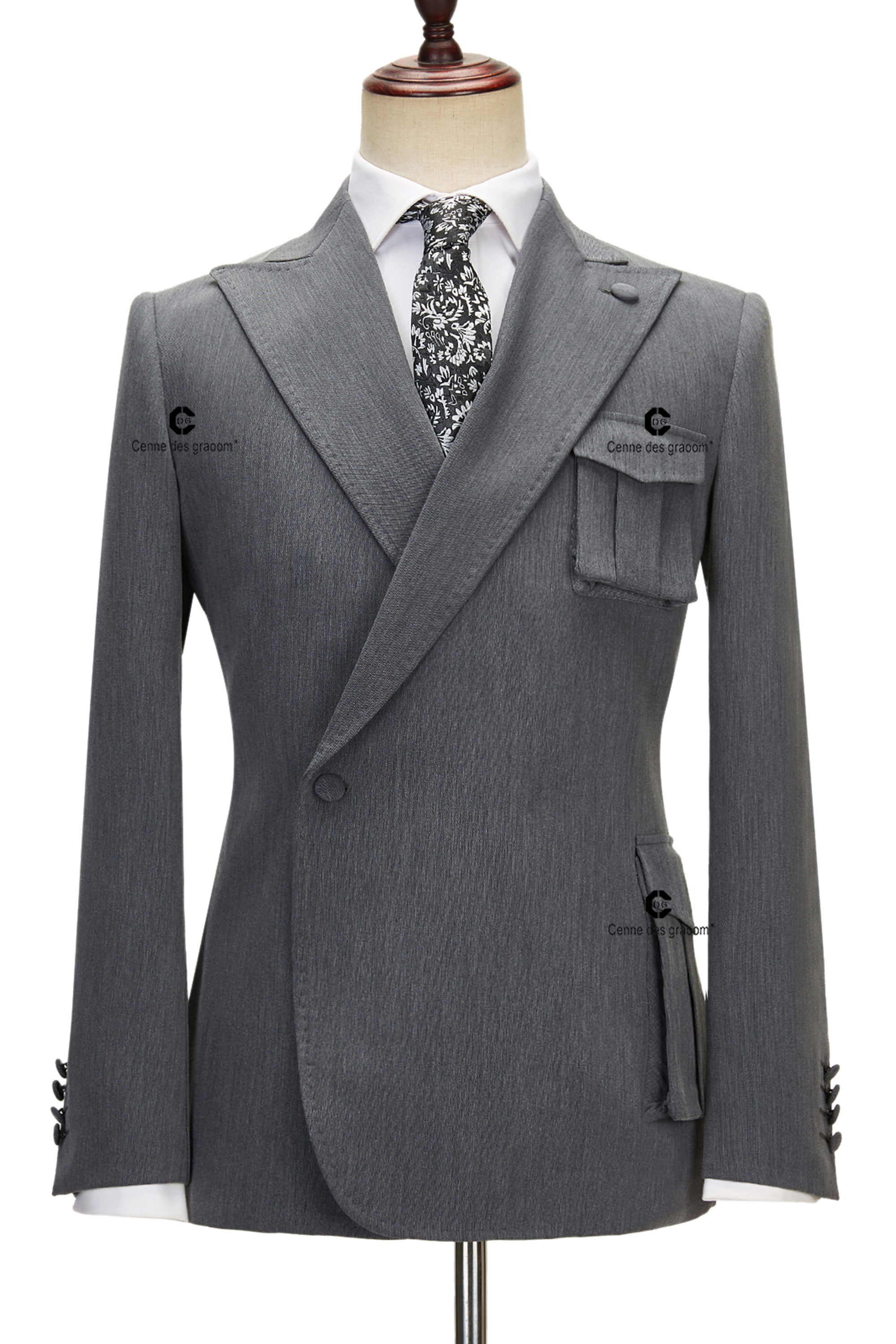 2025 CDG Charcoal Gray Double-Breasted Suit with Stylish Patch Pockets Men's Top Fashion Formal Suit Wear