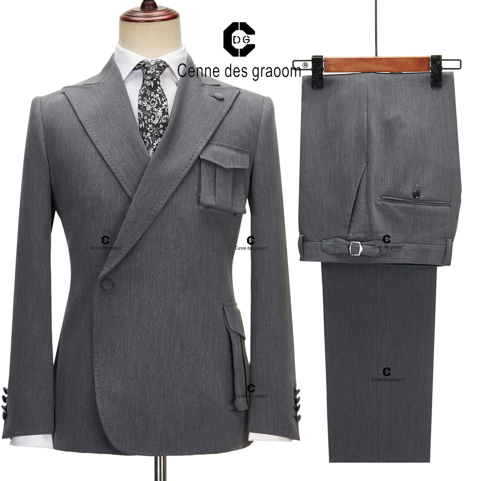 2025 CDG Charcoal Gray Double-Breasted Suit with Stylish Patch Pockets Men's Top Fashion Formal Suit Wear