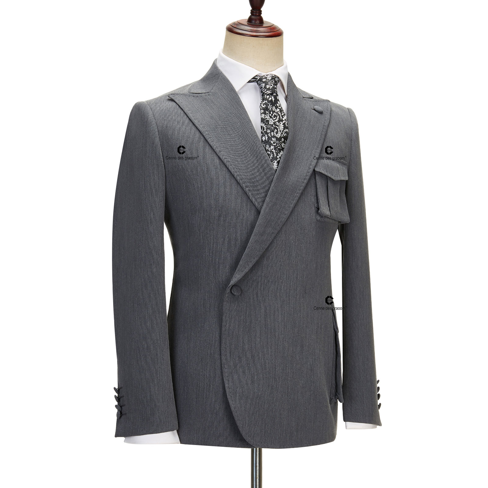 2025 CDG Charcoal Gray Double-Breasted Suit with Stylish Patch Pockets Men's Top Fashion Formal Suit Wear